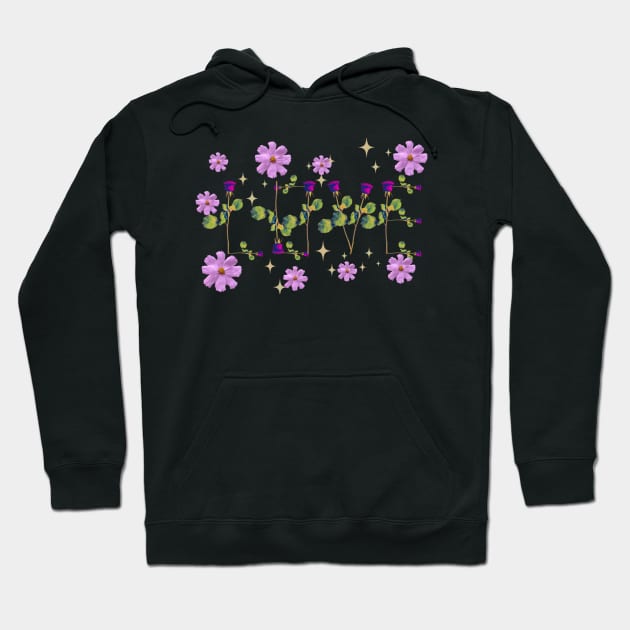 Love pink  roses on stems with gems and purple flowers black bg Hoodie by VantaTheArtist